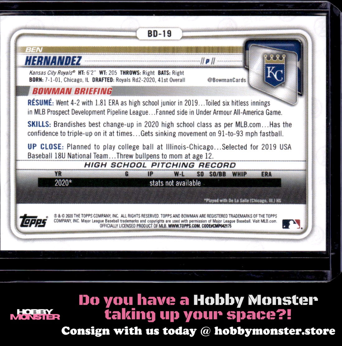 2020 Bowman Draft Ben Hernandez Red #/5 Kansas City Royals 002