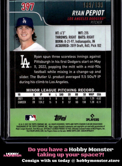 2022 Stadium Club Chrome Ryan Pepiot Blue Rookie #/199 Dodgers