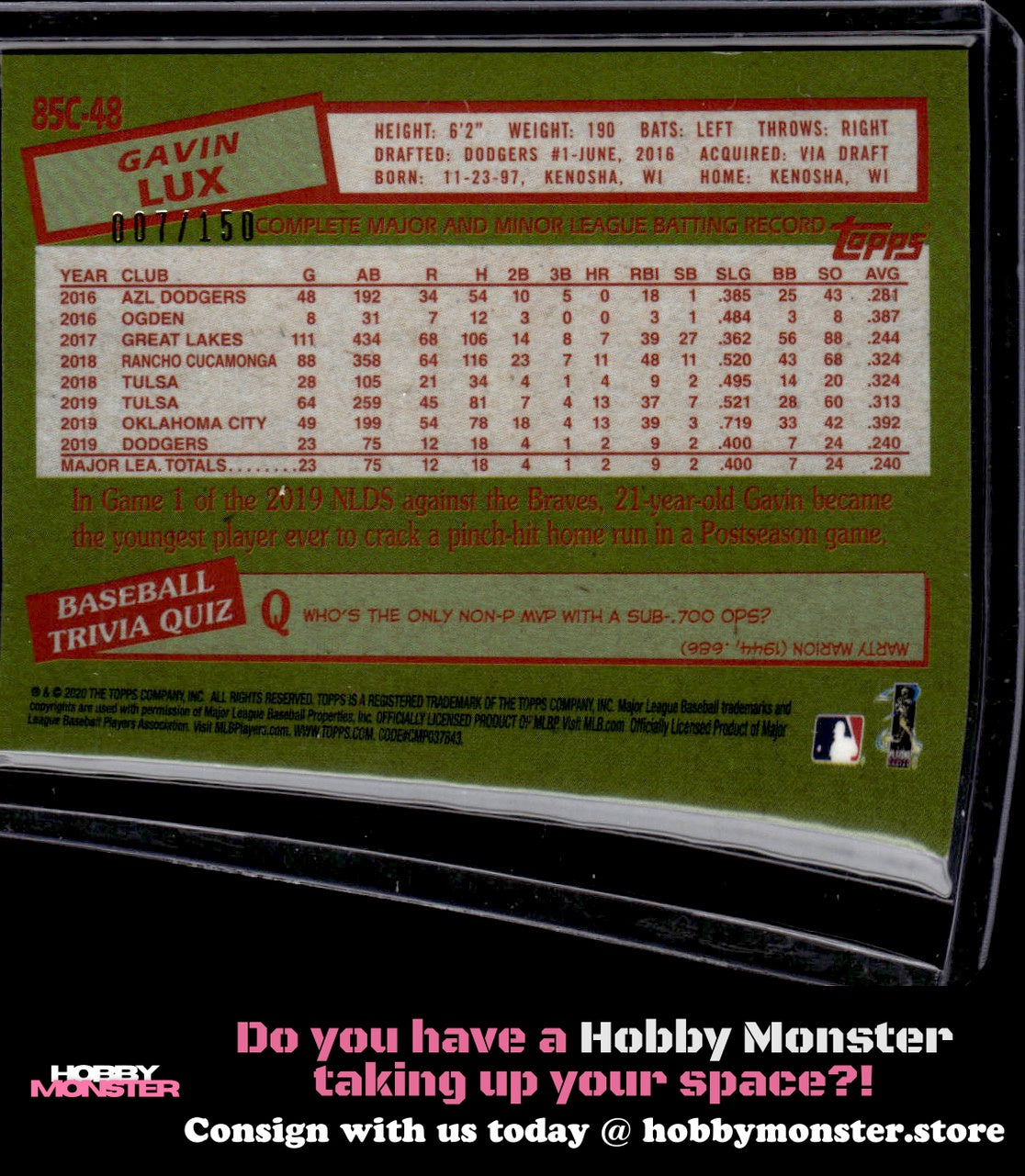 2020 Topps Gavin Lux 1985 Mojo Silver Pack Chrome Auto #/199 Los Angeles Dodgers