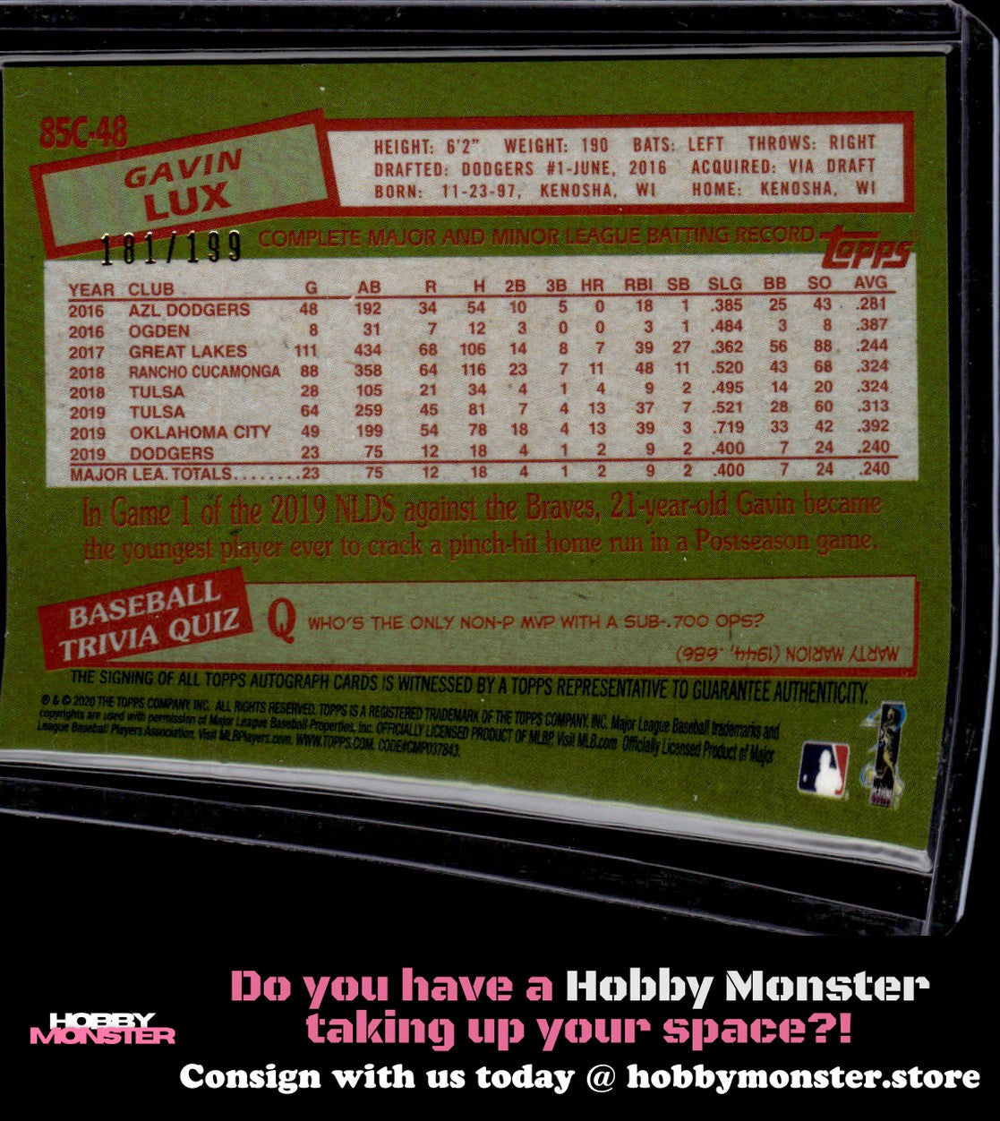 2020 Topps Gavin Lux 1985 Mojo Silver Pack Chrome Auto #/199 Los Angeles Dodgers