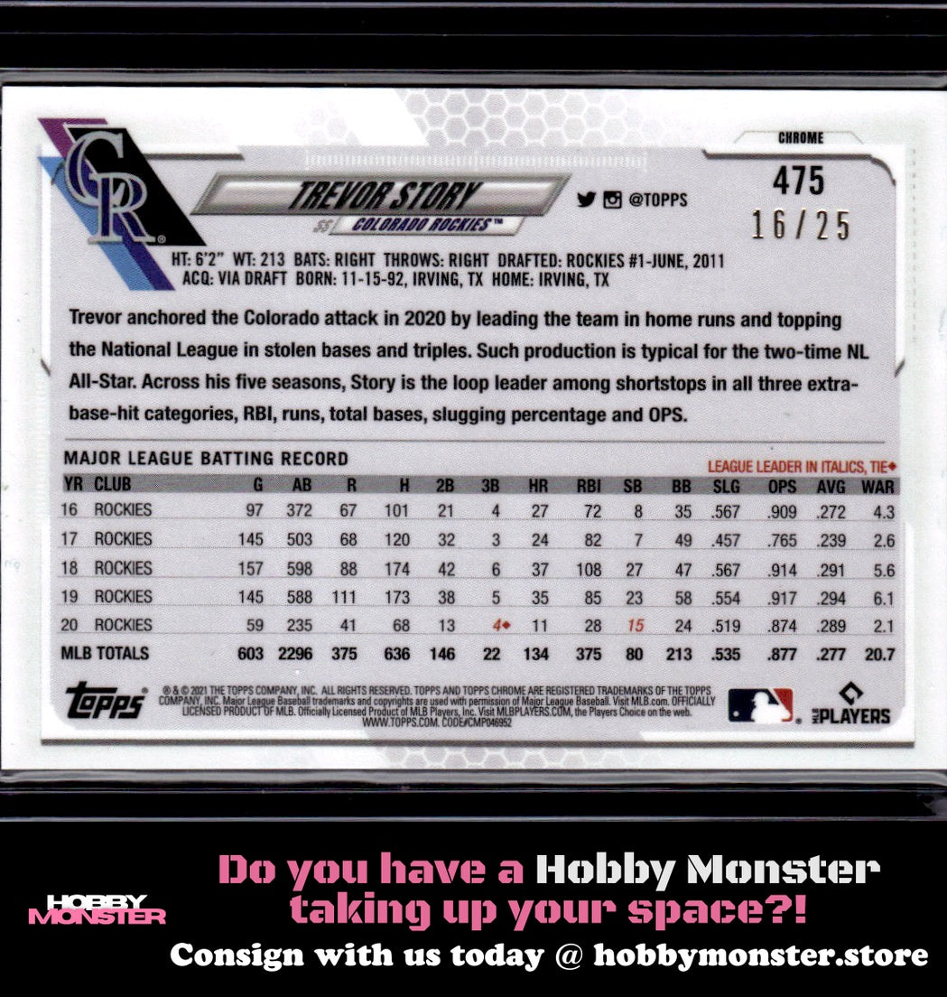 2021 Topps Chrome Sapphire Edition Trevor Story Orange #/25 Colorado Rockies 00H