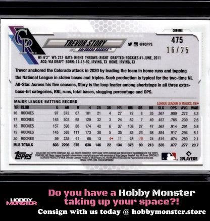 2021 Topps Chrome Sapphire Edition Trevor Story Orange #/25 Colorado Rockies 00H
