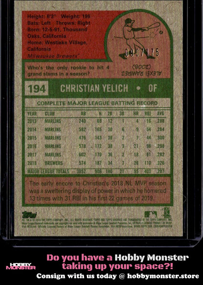 2019 Topps Archives Christian Yelich Purple #/175 Milwaukee Brewers 00H-r9tue