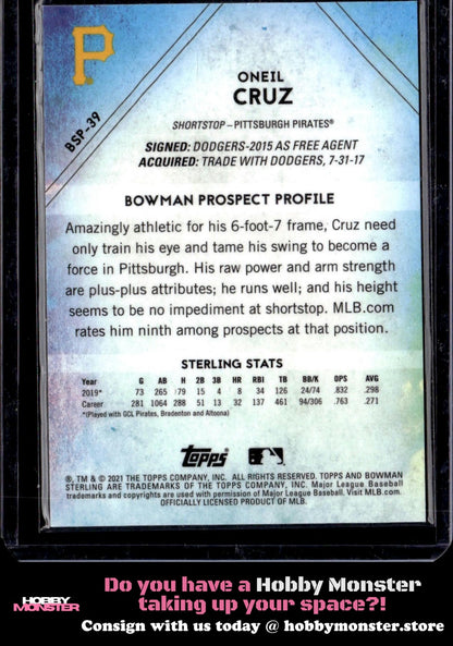 2021 Bowman Sterling Oneil Cruz Blue Refractor #/25 Pittsburgh Pirates 00H-r9tuw