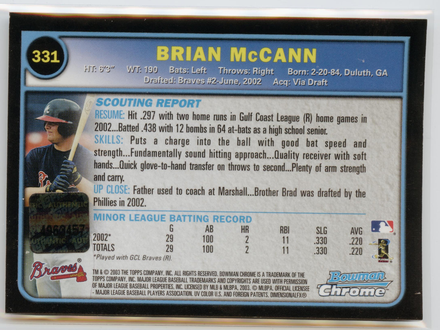 2003 Bowman Chrome Brian McCann Rookie Auto Atlanta Braves