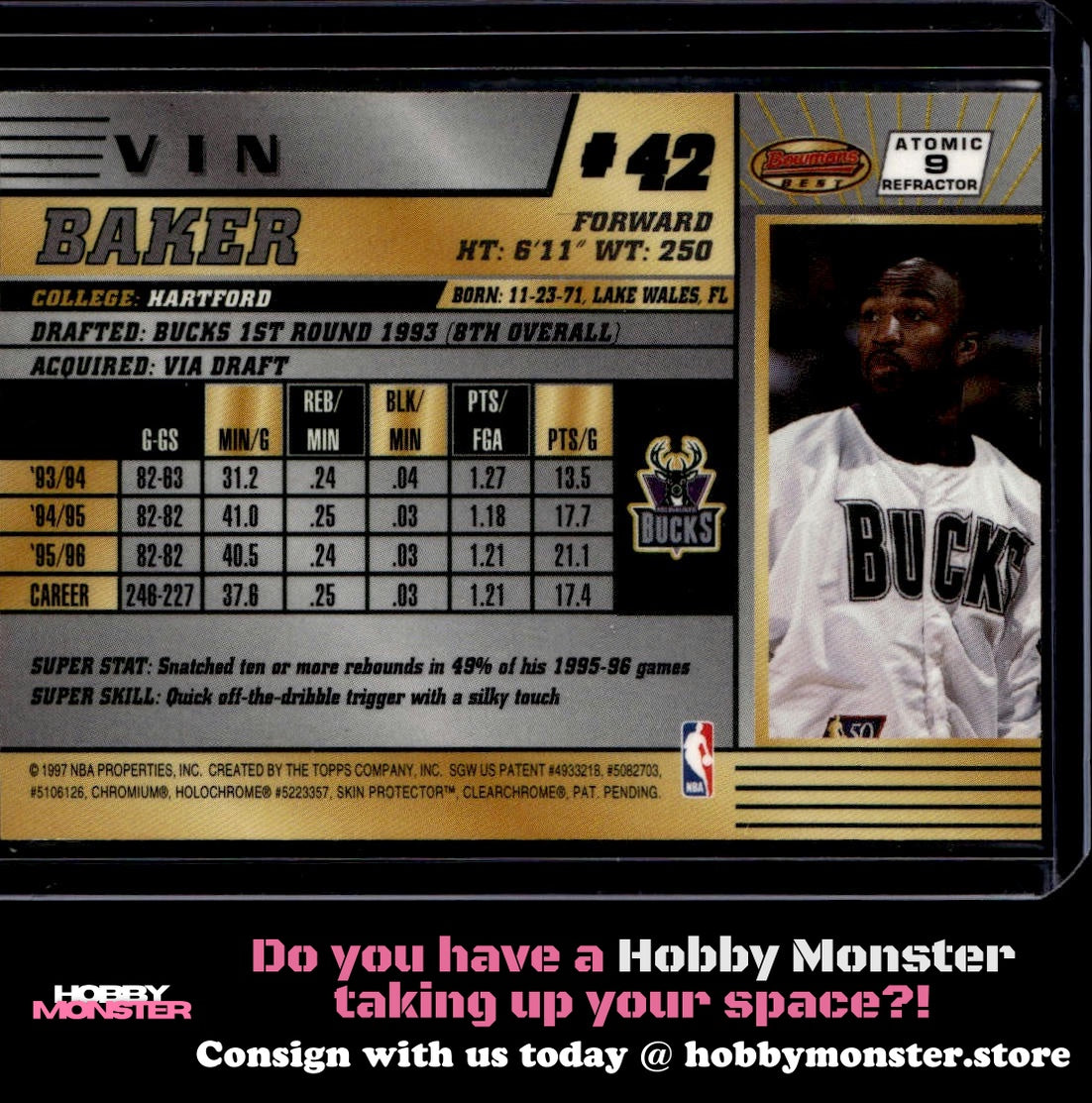 1996-97 Bowman's Best Vin Baker Atomic Refractors Milwaukee Bucks 00T-s7zpt