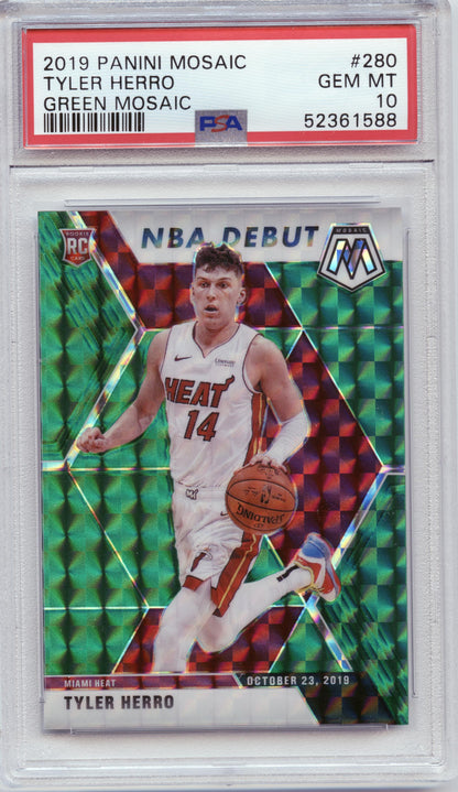 2019-20 Panini Mosaic Tyler Herro Green Prizm Rookie Miami Heat PSA 10 001