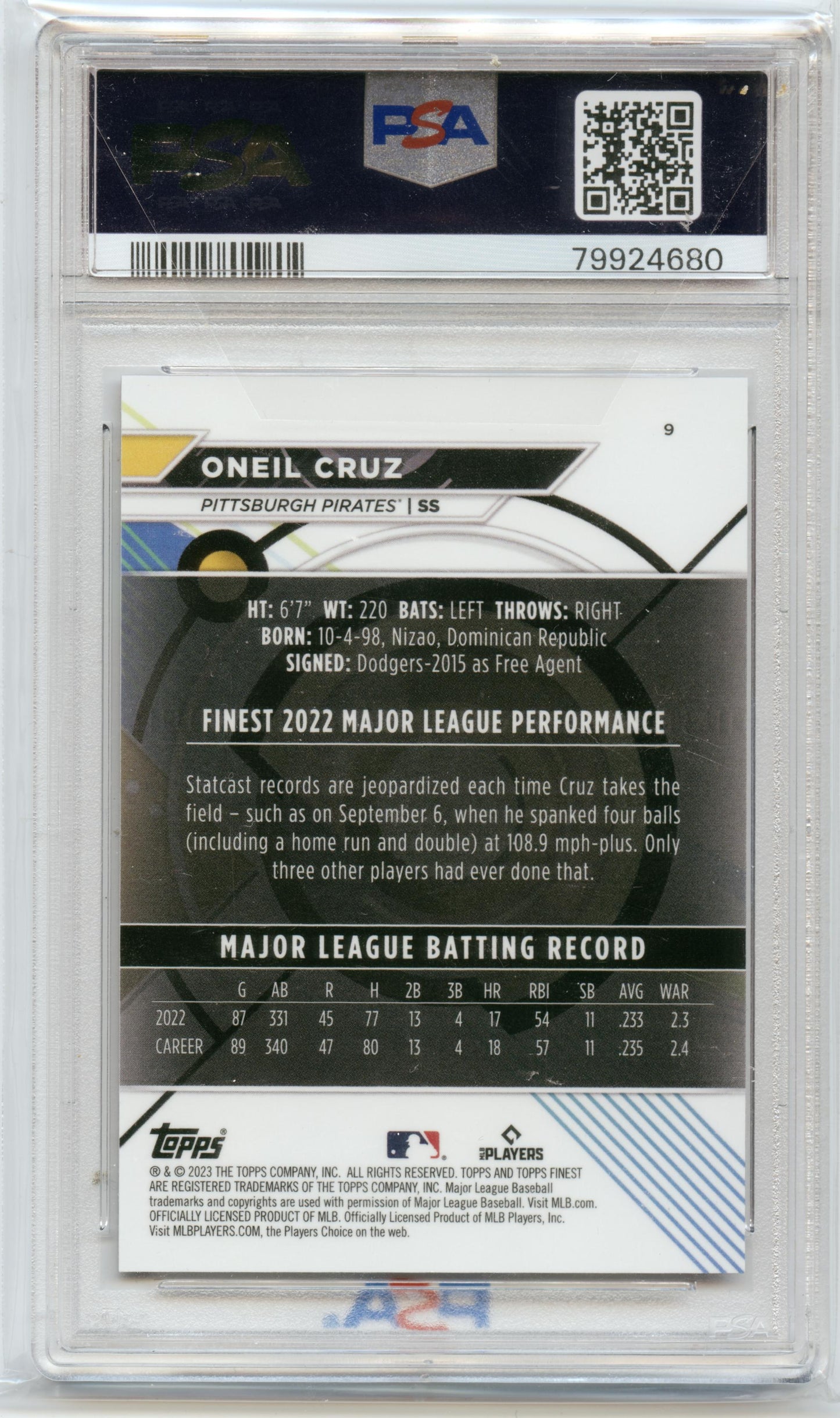 2023 Finest Oneil Cruz Rose Gold Refractor #/75 Pittsburgh Pirates PSA 9 001