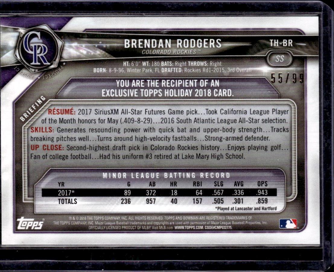 2018 Topps Holiday Bowman Brendan Rodgers Green Festive #/99 Rockies 001