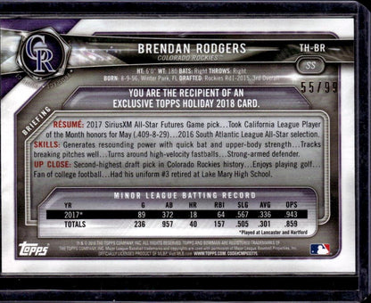 2018 Topps Holiday Bowman Brendan Rodgers Green Festive #/99 Rockies 001