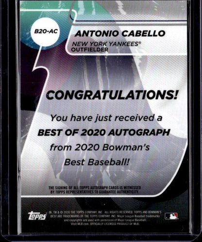 2020 Bowman's Best Antonio Cabello Blue Auto #/150 New York Yankees