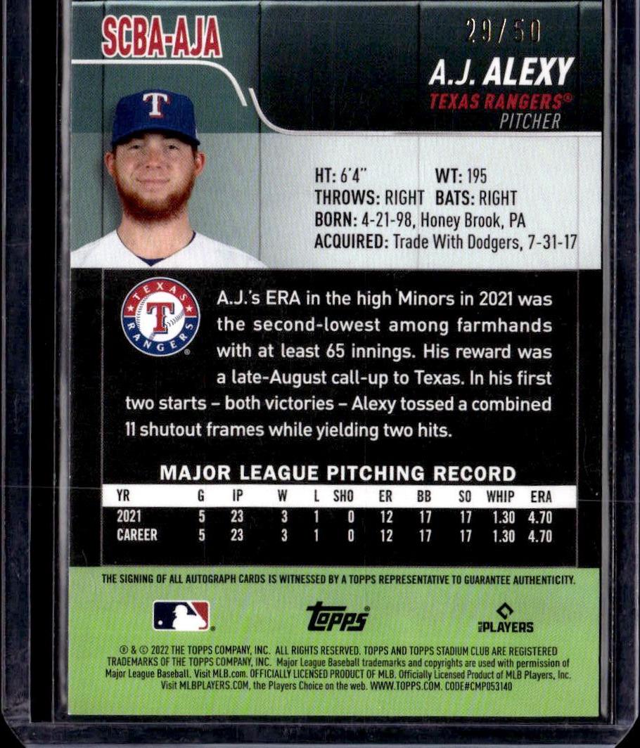 2022 Stadium Club A.J. Alexy Autographs Red Foil Auto #/50 Texas Rangers 001