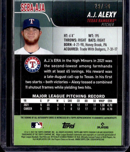 2022 Stadium Club A.J. Alexy Autographs Red Foil Auto #/50 Texas Rangers 001
