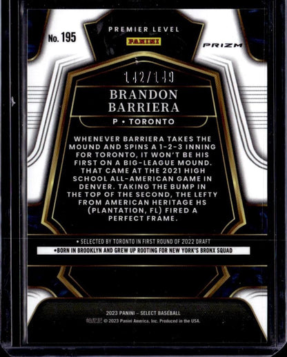 2023 Panini Select Brandon Barriera White Prizm #/149 Toronto Blue Jays 001