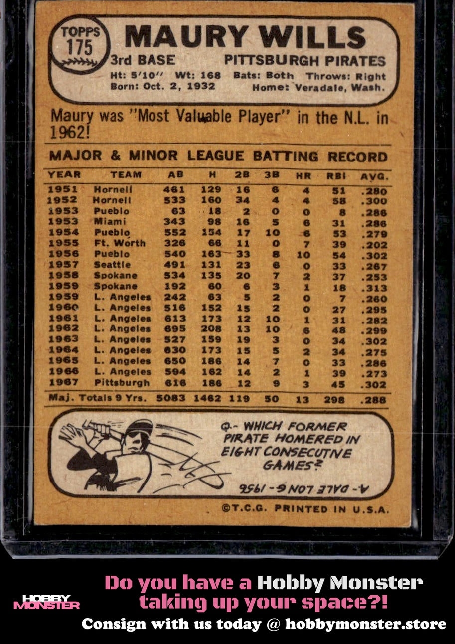 1968 Topps Maury Wills Pittsburgh Pirates 005-tmusa