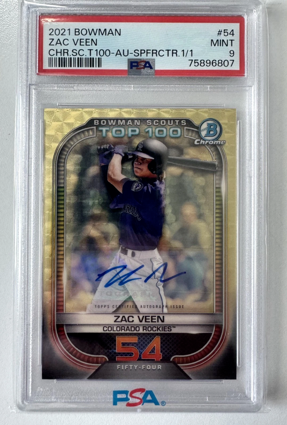 2021 Bowman Zac Veen SuperFractor 1/1 Top 100 Auto Rockies PSA 9|2262