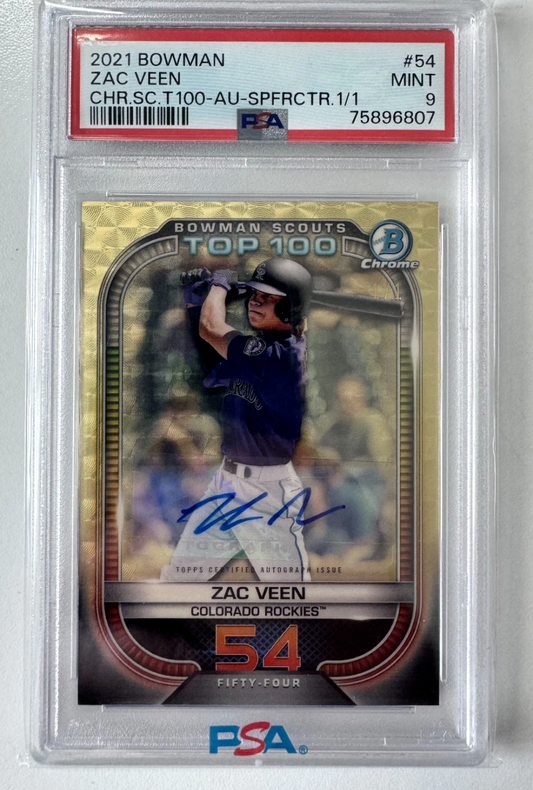 2021 Bowman Zac Veen SuperFractor 1/1 Top 100 Auto Rockies PSA 9|2262