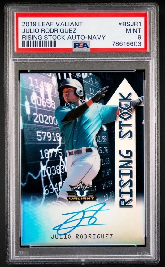 2019 Leaf Valiant Rising Stock Julio Rodriguez Navy Auto /25 Mariners PSA 9