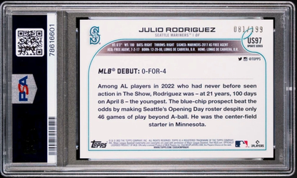 2022 Topps Update US97 Julio Rodriguez RC Red Foil /199 PSA 9