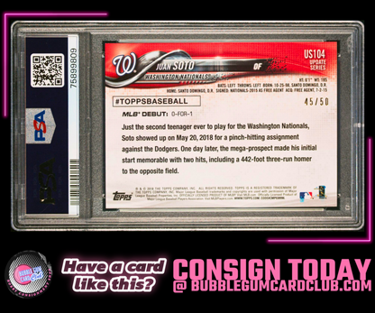 2018 Topps Update Juan Soto Rookie Debut Hot Pink RC #US104 /50 PSA 8 Nationals Yankees