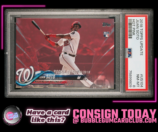 2018 Topps Update Juan Soto Rookie Debut Hot Pink RC #US104 /50 PSA 8 Nationals Yankees