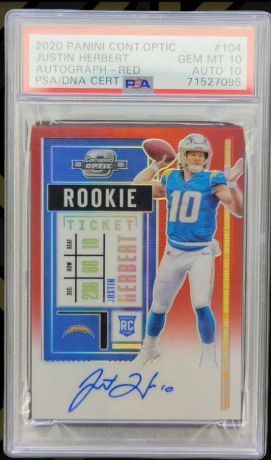 2020 Panini Contenders Optic Justin Herbert Rookie Ticket Auto Red /199 PSA 10