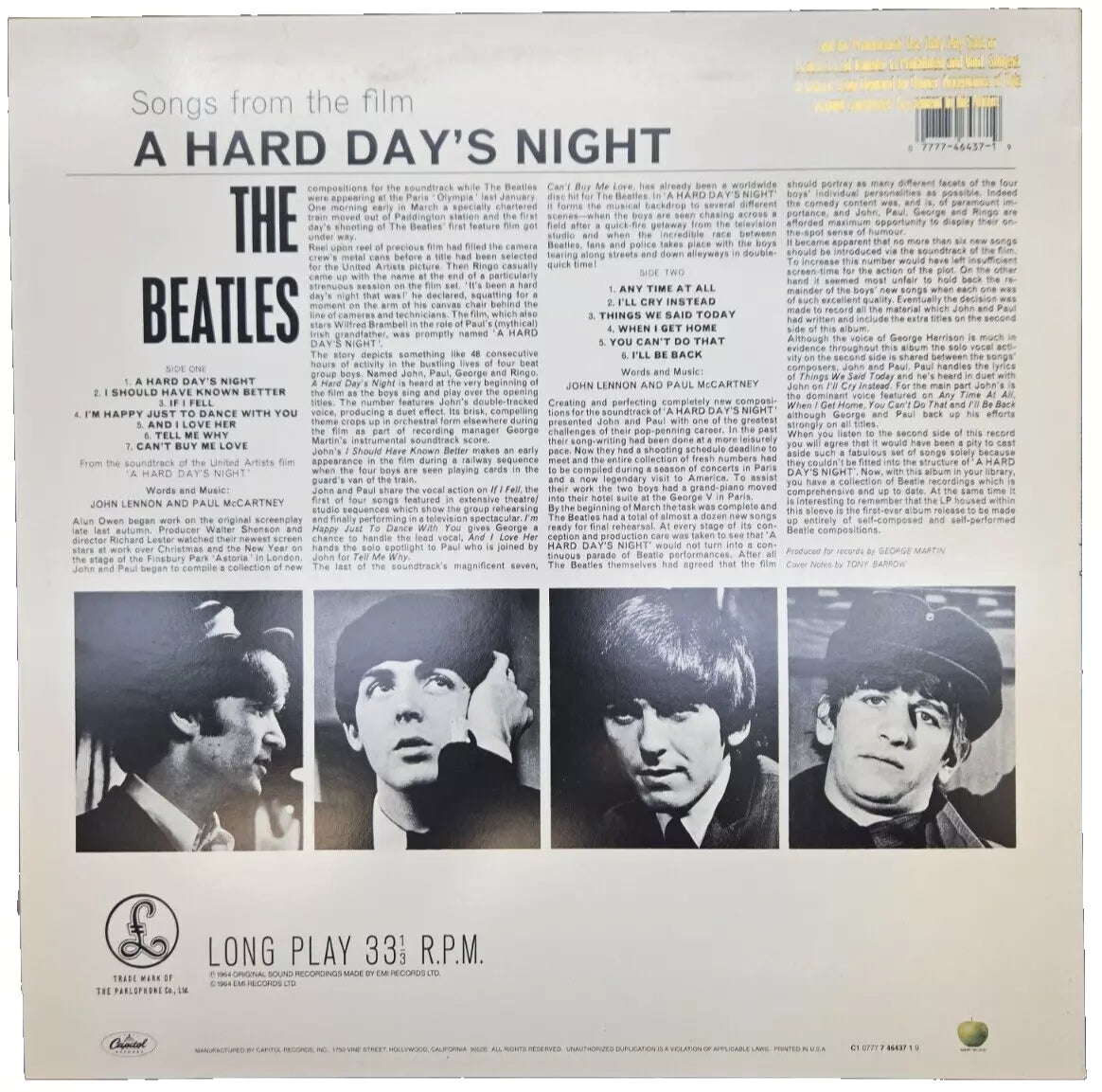 The Beatles US LP Hard Days Night Gold Stamp Promo C1-46437 1995