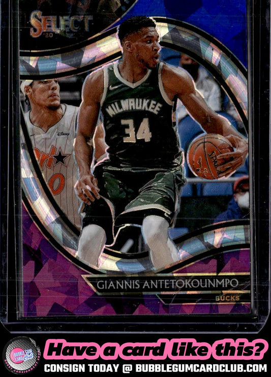 2020-21 Panini Select Giannis Antetokounmpo Purple White Blue Cracked Ice Bucks