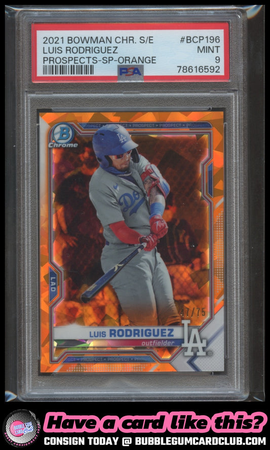 2021 Bowman Chrome Sapphire Luis Rodriguez Orange /75 Los Angeles Dodgers PSA 9