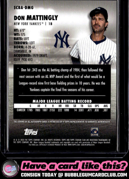 2023 Stadium Club Don Mattingly Autographs Auto New York Yankees