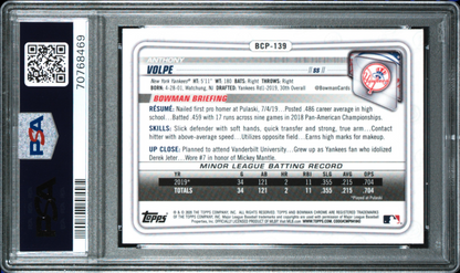 2020 Bowman Chrome Sapphire  Anthony Volpe RC New York Yankees PSA 10